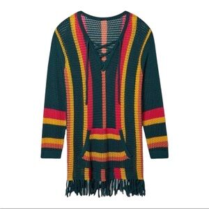 NWT Torrid 6X Green Open Knit Pullover Fringe Hem Sweater Kangaroo Pocket Boho